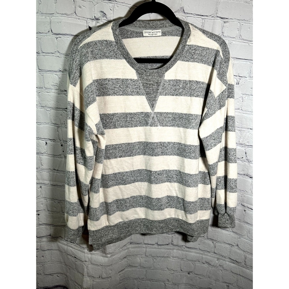 Paper Crane Grey Cream Striped Long Sleeve Pullover Top Medium C12144A
